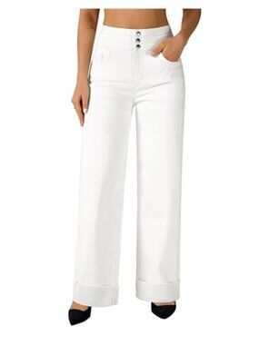 Womens High Waisted Wide Leg Jeans Cuffed Baggy Loose White Denim Pants Boho